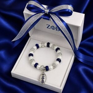 Zeta Phi Beta Bracelet Blue and White Pearls rhinestone with‎ Logo Pendant